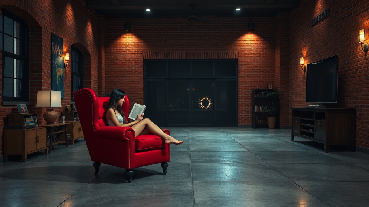 A woman sits in a vibrant red armchair, deeply engrossed in a book, within a spacious industrial loft. The room features exposed brick walls, warm lighting, and a large window, adding a cozy and introspective atmosphere to the setting. Modern furnishings and subtle decorative elements enhance the overall ambiance.