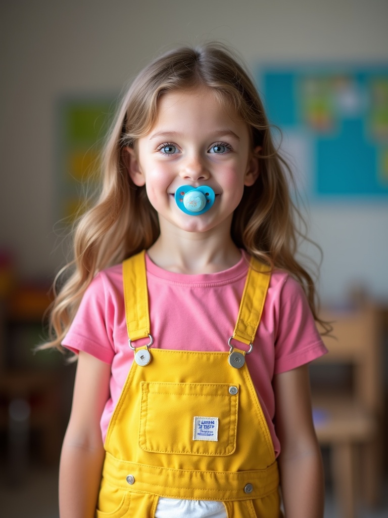 7 years old girl medium light brown hair blue eyes smiling at school wearing yellow dungarees pink t-shirt with pacifier