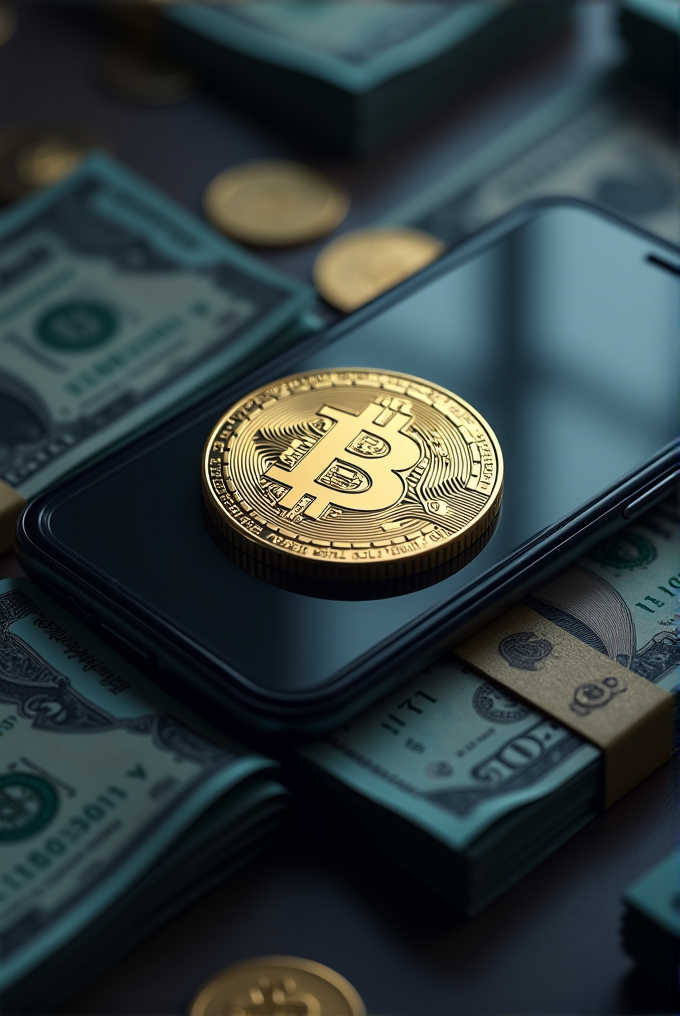 A golden Bitcoin coin rests on a smartphone surrounded by stacks of US dollar bills.