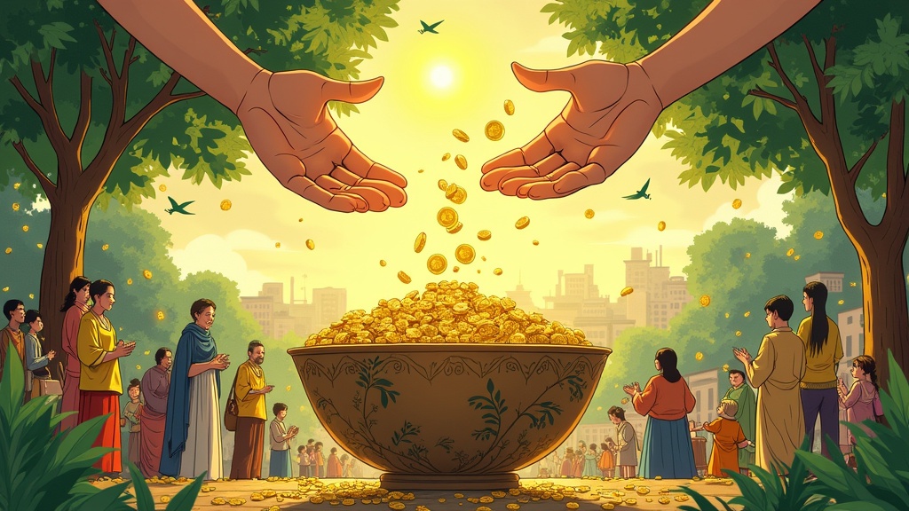 A symbolic Solarpunk illustration shows hands pouring gold coins into a communal donation bowl. The bowl is nature-inspired. A diverse community surrounds the bowl. People share food and support one another. The scene has warm, golden light. The background includes lush greenery and eco-friendly architecture. The art is whimsical and detailed.