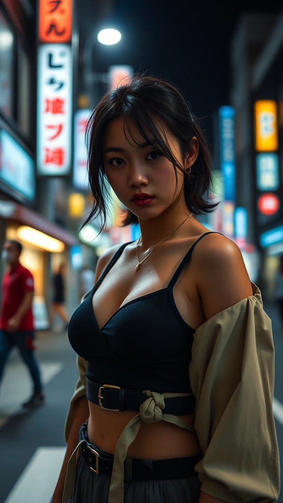 The image captures a young woman standing confidently on a bustling street at night, with vibrant neon signs glowing in the background. Her expression is poised and captivating, accentuated by the play of shadows and warm lighting on her face. The urban setting adds a dynamic and energetic vibe to the scene, drawing attention to the contrast between the subject and the vibrant city life around her.