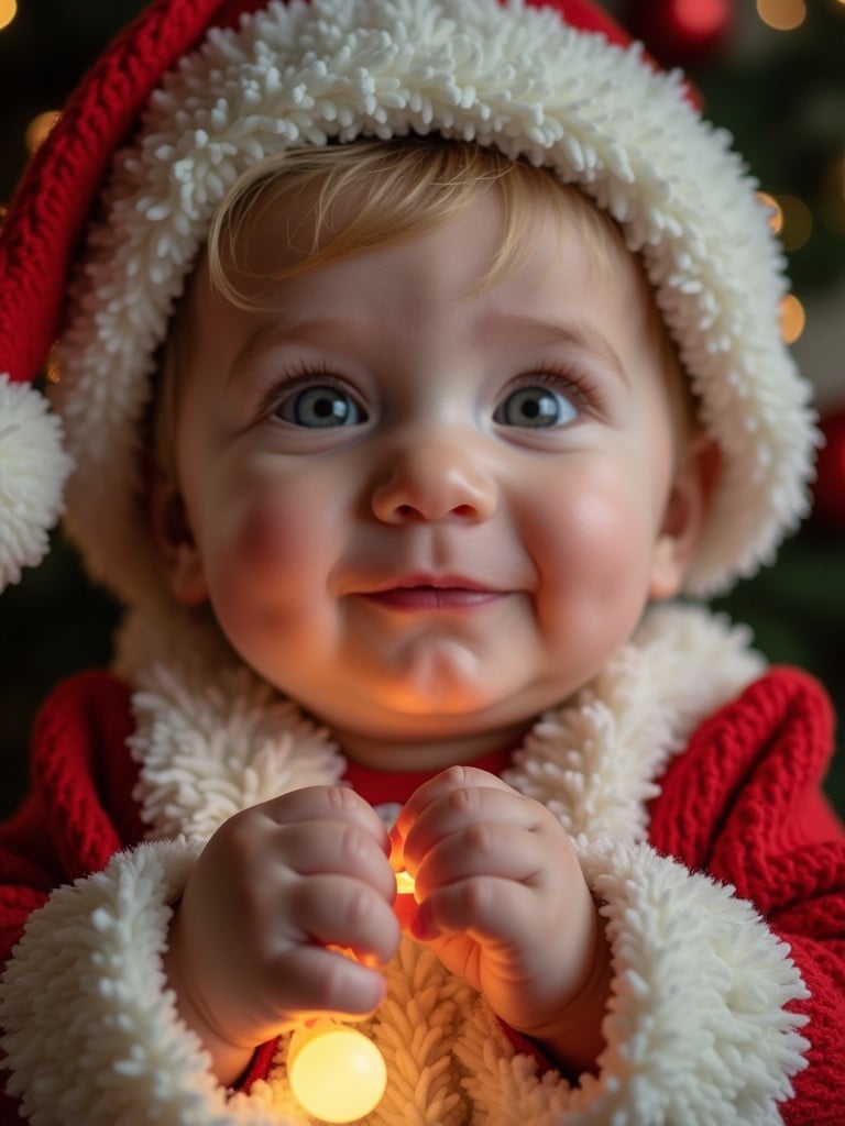 Create a photo of a baby wearing a Christmas outfit with holiday lights. Focus on the cozy atmosphere and festive elements. Capture the spirit of Christmas. Bring joy and warmth to the image.