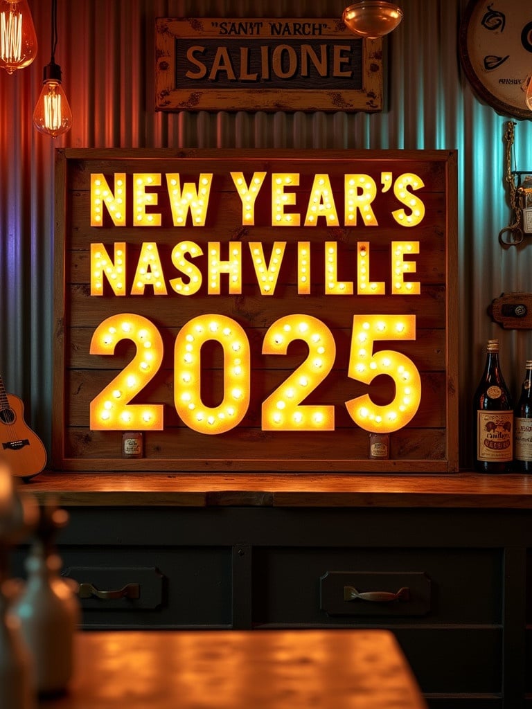 The image features a rustic saloon sign with golden lightbulbs saying New Year's Nashville 2025. The background combines metal and wood textures with lights guitars and bottles.