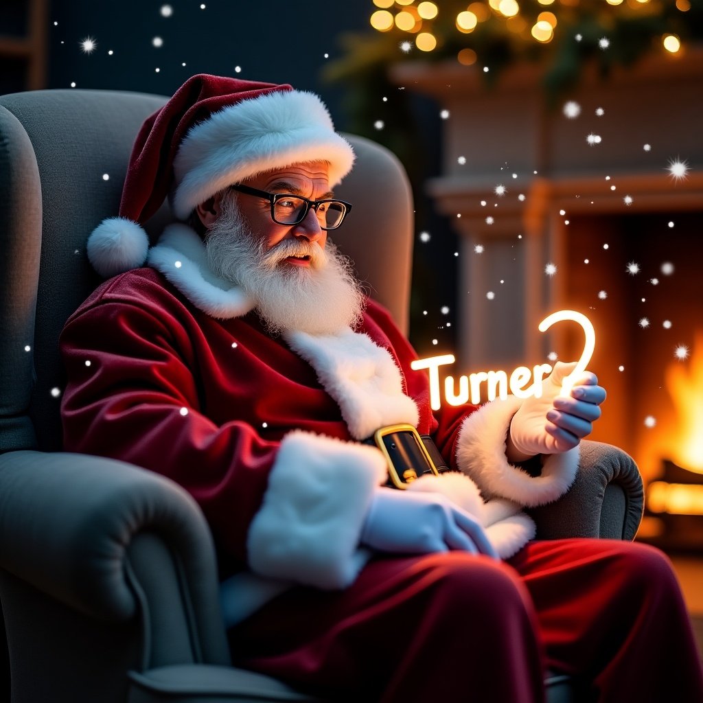 Santa Claus sits in a cozy chair wearing a red suit. He holds a glow stick that shines the name 'Turner'. Snow falls gently around him. A warm fireplace and Christmas decorations fill the background.