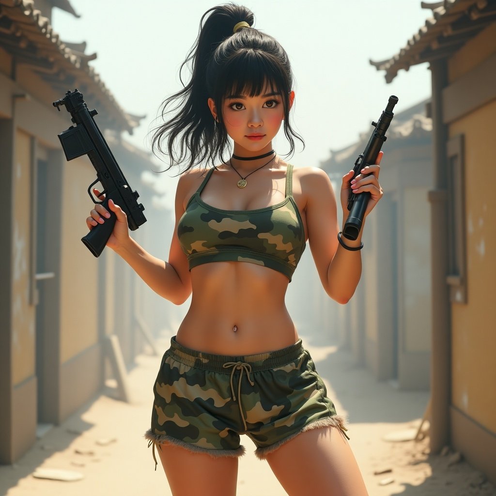 A realistic female wearing a camouflage sports bra and torn mini shorts. She holds two weapons in a demonstration under bright sunlight.