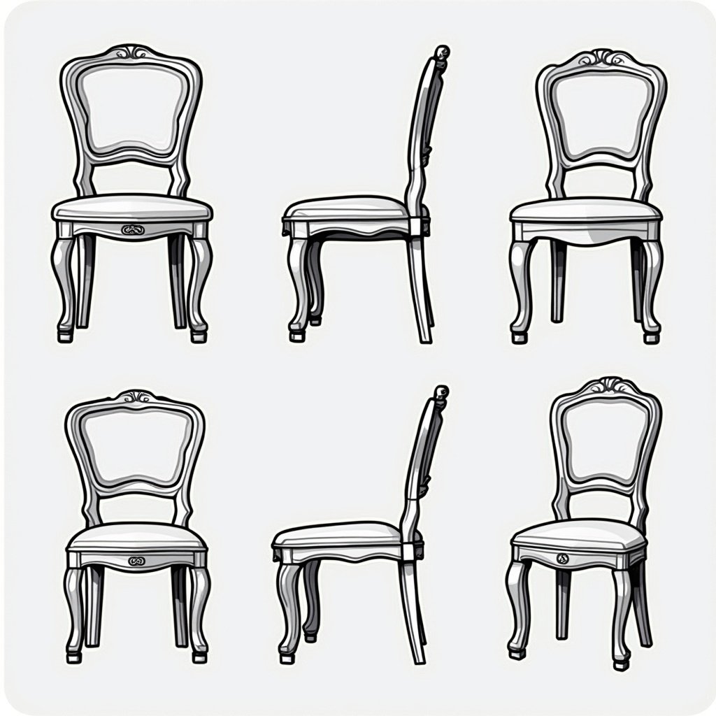 Chair depicted in multiple views. Design consists of simple outlines. Suitable for CAD applications, especially in dwg format. Focus on various angles of the chair.