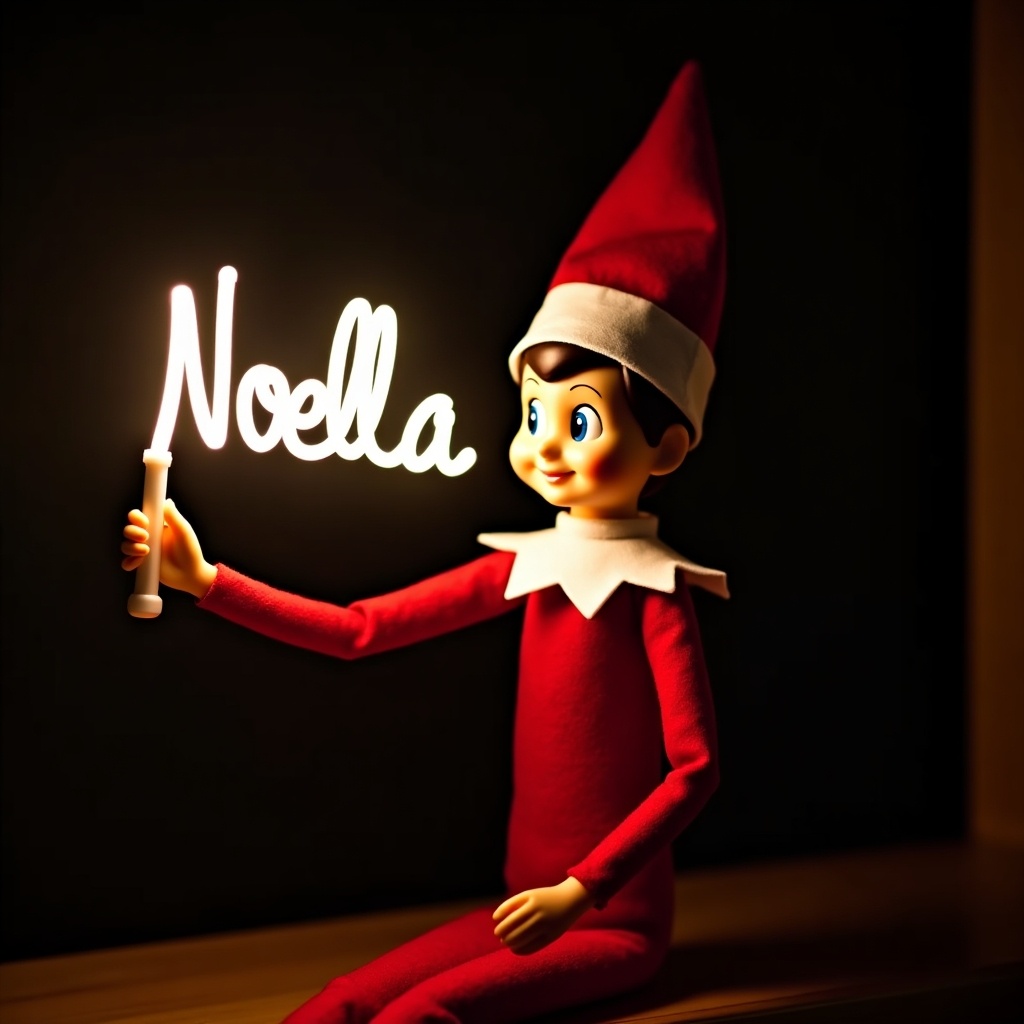 Charming elf on the shelf character dressed in red and white. Elf holds a glow stick forming the name Noella in bright light. Dark background enhances the festive ambiance. Scene captures the joy of Christmas and whimsical touch.