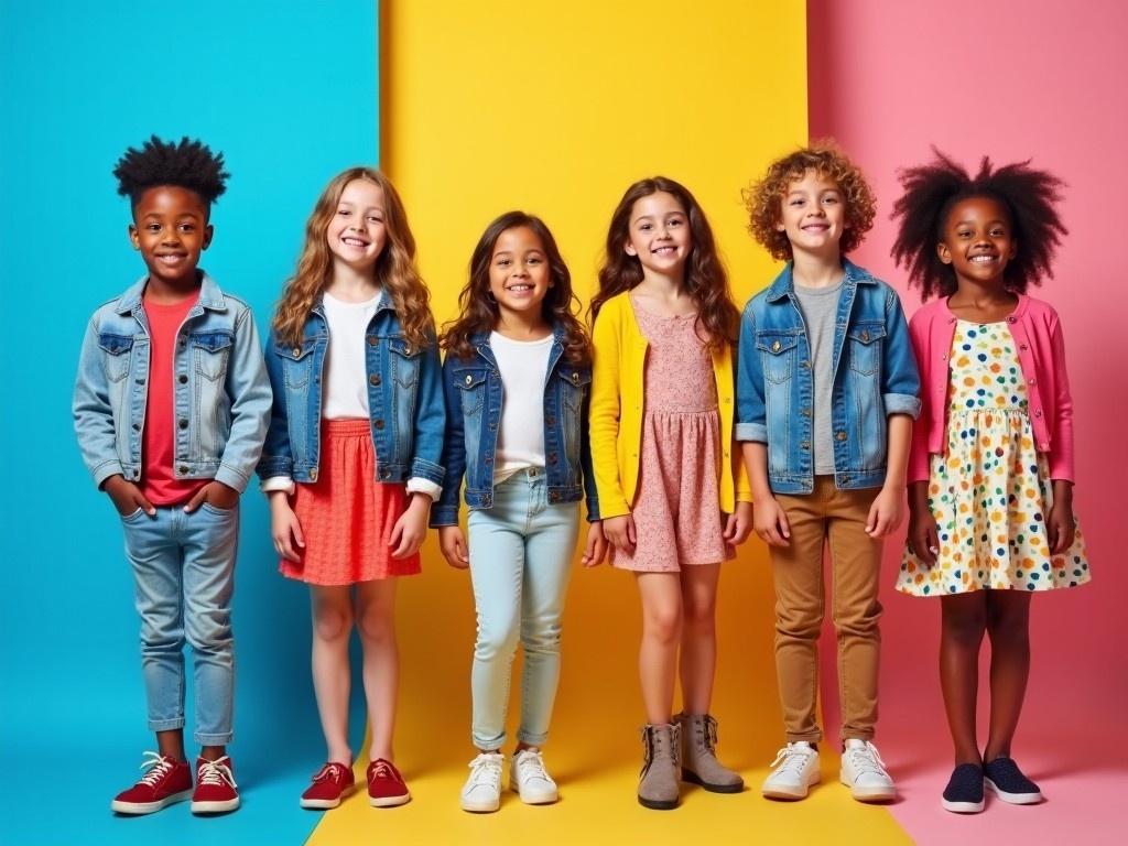 This image showcases a group of six children confidently modeling a range of trendy outfits. Each child presents unique clothing items from denim jackets to vibrant dresses. The colorful background features blue, yellow, and pink tones, creating a cheerful atmosphere. The children's poses exude confidence and joy, appealing to both kids and parents looking for stylish choices. Ideal for a magazine, this visual highlights modern fashion trends for children.