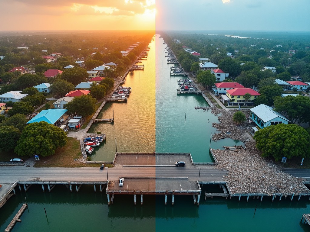 An aerial view of a residential area divided by a canal at sunset. On one side, colorful houses with red roofs are lining the water. The other side shows a more natural landscape with vegetation. The sun is setting, casting a golden glow on the water, creating a beautiful reflection. Boats are visible along the canal, adding to the lively scene. This image captures the beauty of community living by the water, showcasing both urban and natural elements.