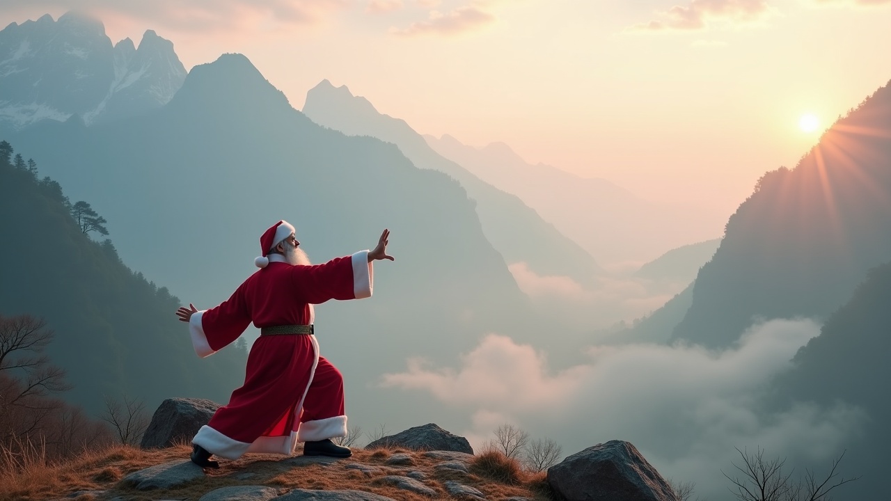 Cinematic image of Santa Claus practicing Tai Chi in a misty mountain setting at dawn. Santa wears traditional Chinese attire. The landscape is serene and majestic.