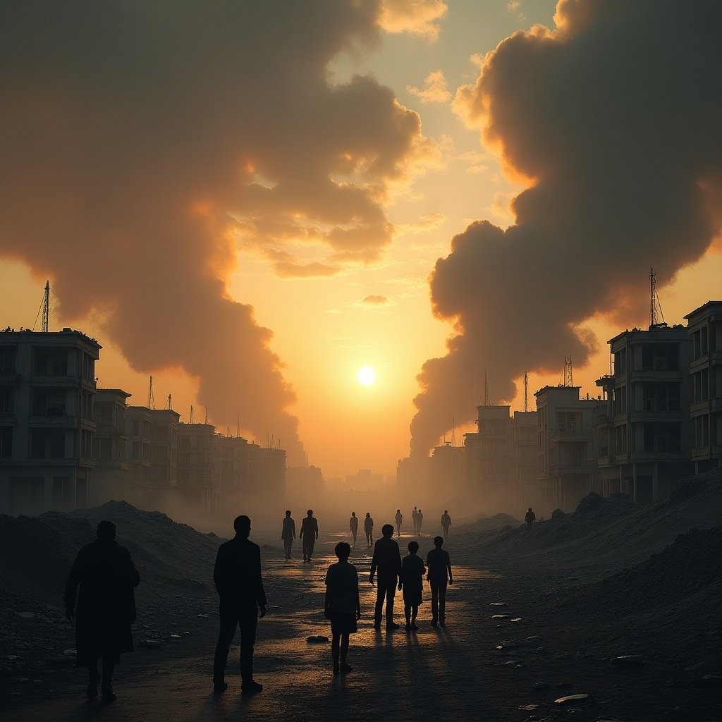 Silhouetted figures walking through a desolate street at sunset. Thick smoke rises in the background. Buildings appear damaged and empty. A somber mood of conflict and desolation prevails.