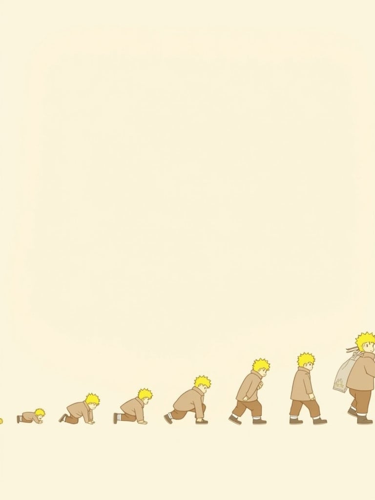 Illustration showing Naruto character evolution from child to adult. Ten stages displayed from right to left. Demonstrates physical and character development. Simple color palette of beige, brown, and yellow. Soft appearance creates calmness and highlights growth journey.