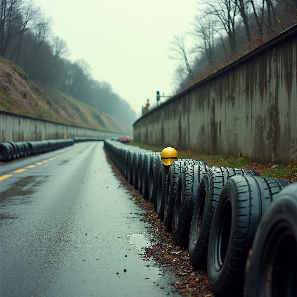 Wet road with tires lined along the side, surrounded by bare trees and a misty atmosphere.