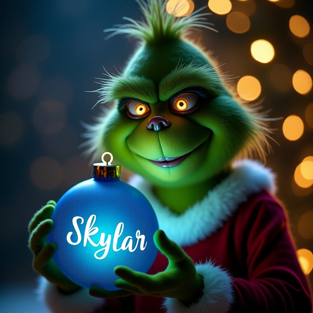 Grinch character holds a glowing blue Christmas bauble. Bauble has name Skylar in elegant script. Magical dark background with twinkling Christmas lights. Ideal for festive content.