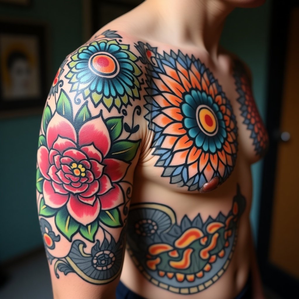 Detailed close-up of colorful tattoos on a person's shoulder and chest. Vibrant floral patterns cover skin. Display of intricate artwork and body art style.