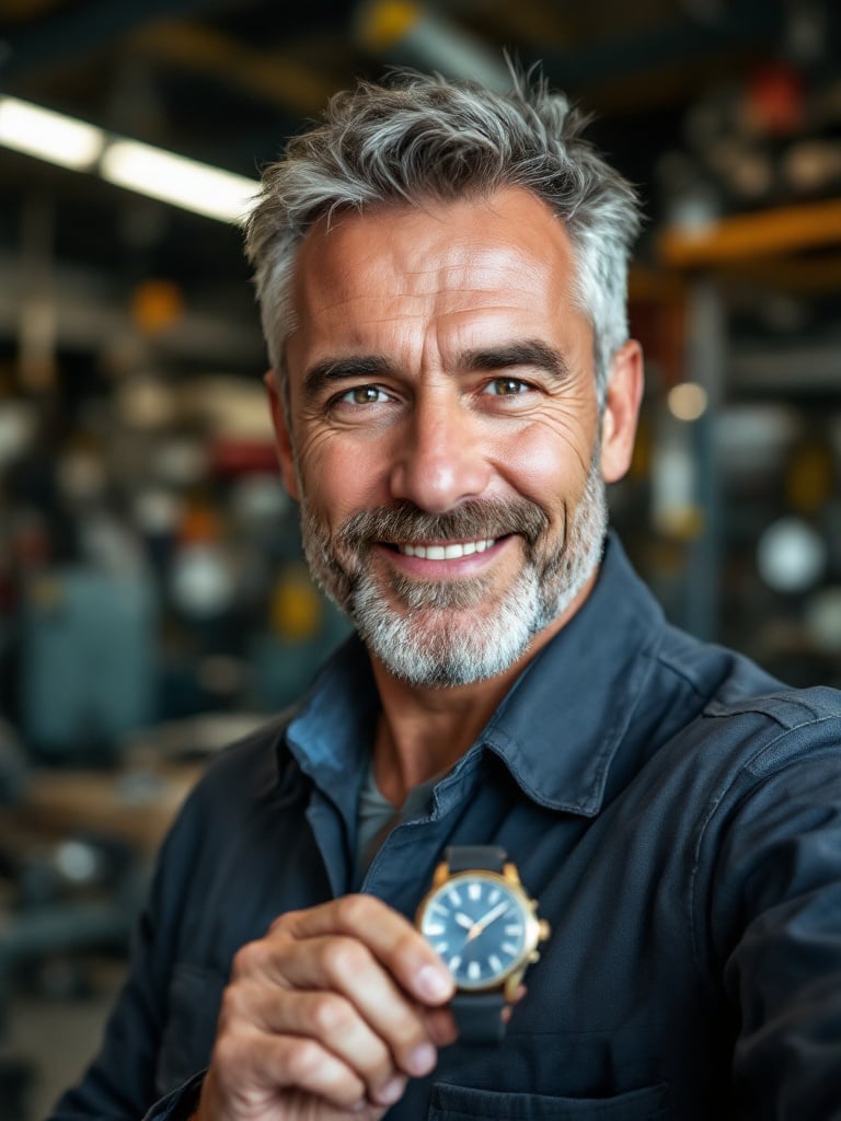 Photo features middle-aged man short grey hair beard wearing mechanic suit holds watch. Background is mechanical workshop with warm natural light. Friendly and approachable vibe appropriate for professional setting.