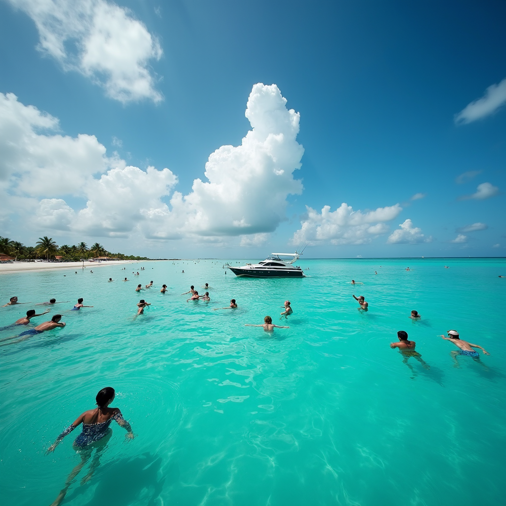 People enjoy swimming in clear blue ocean waters near a sandy beach under a bright blue sky with fluffy clouds.