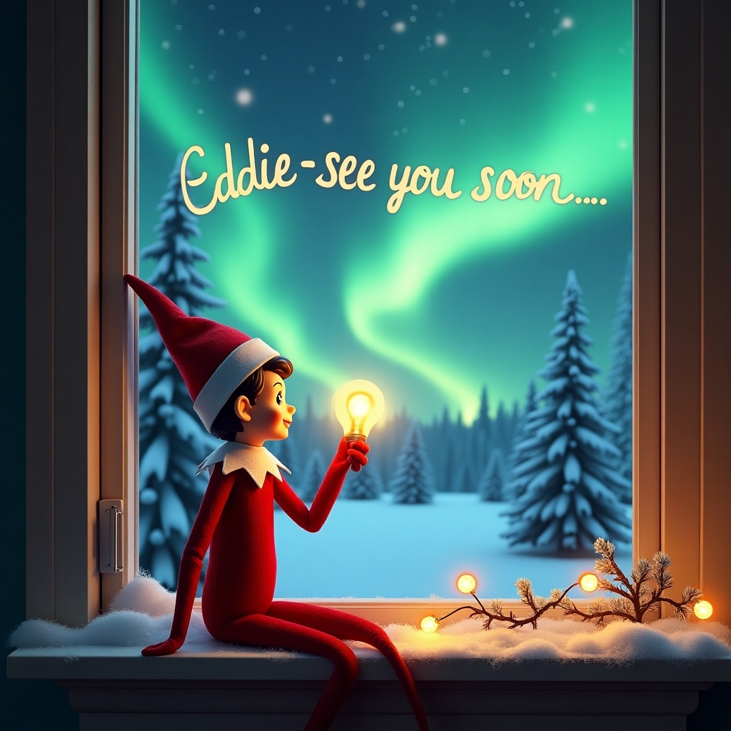 A cheerful elf on a shelf is sitting by a window during winter. Outside, the stunning northern lights fill the sky, creating a magical atmosphere. The elf is holding a bright light bulb with an excited expression. Glowing handwritten text says 'Eddie - see you soon.' The window ledge is adorned with snow and holiday decorations. Snow-covered trees enhance the festive feel of the scene, capturing the anticipation of Christmas.