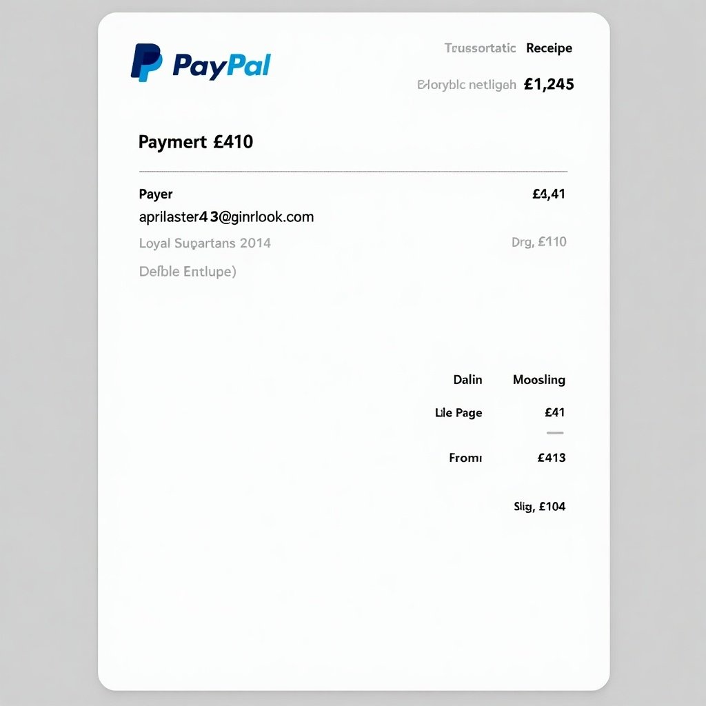 PayPal payment receipt with a transaction for £41. Includes PayPal logo and payer details. Clean design suitable for online payments.