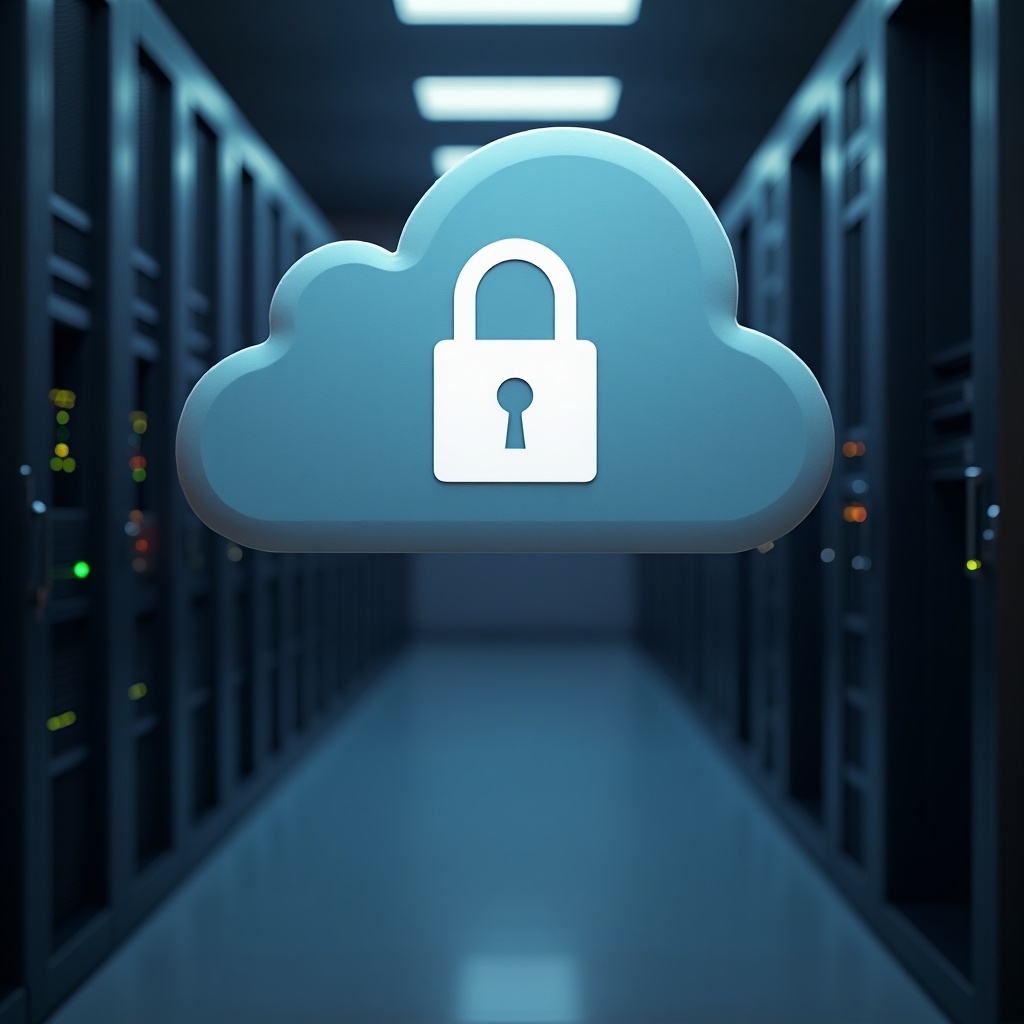 This image features a stylized cloud icon secured with a padlock, symbolizing cloud security. It is prominently displayed in a server room filled with racks of servers. The background is slightly blurred, emphasizing the cloud and lock design. The overall tone suggests a focus on data protection and cybersecurity. The color palette consists primarily of blue and white, conveying trust and safety.