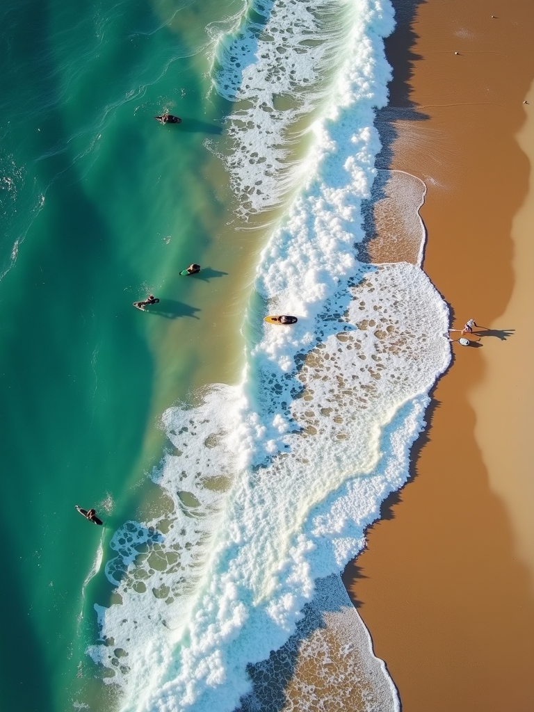 An aerial view of a turquoise ocean meeting a sandy beach, with waves crashing and people enjoying the water.