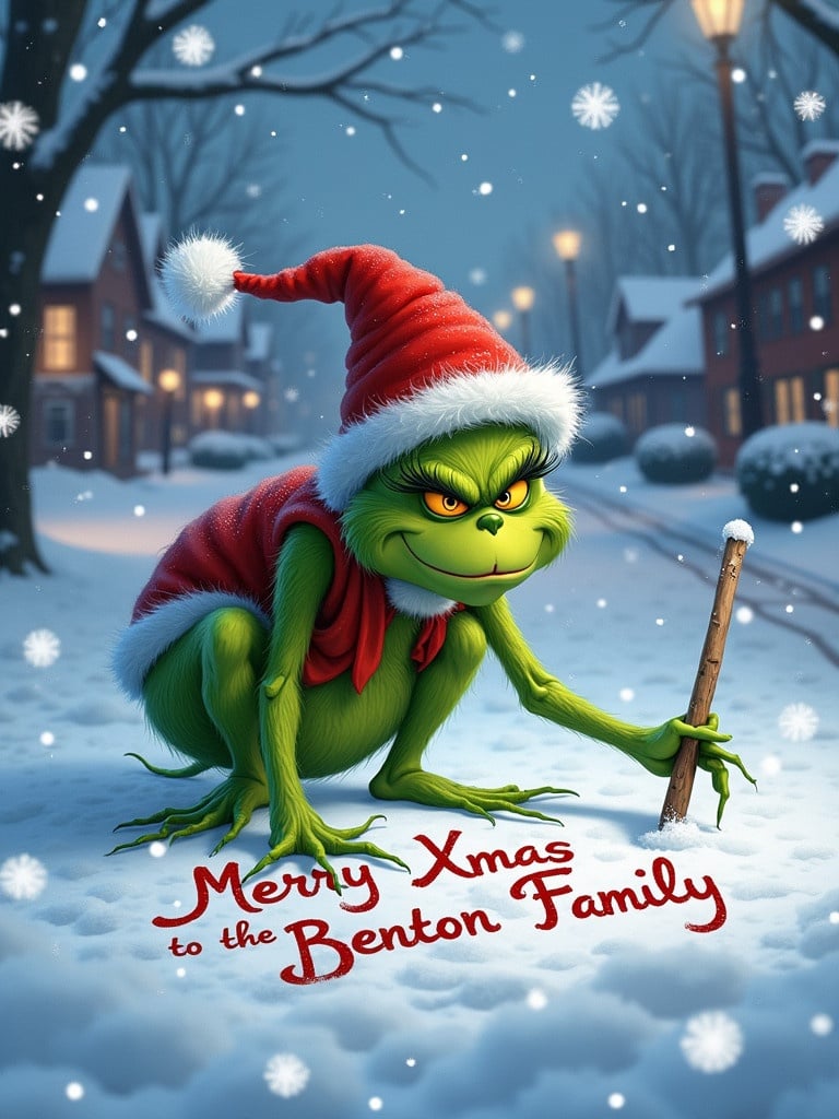 Winter scene shows the Grinch wearing a Santa hat. Grumpy expression is visible. Crouching posture as he writes 'Merry Xmas to the Benton Family' in the snow using a stick. Surrounded by gentle falling snowflakes. Background features snow-covered paths and festive houses with twinkling lights.