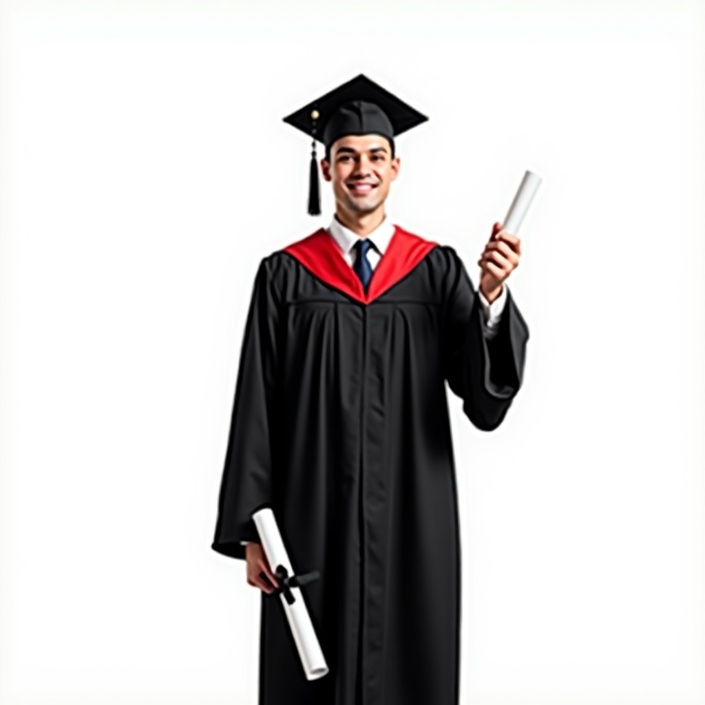 This image features a graduate in a black gown with red accents. The person is holding two rolled diplomas in one hand and is smiling. The individual wears a graduation cap, displaying a sense of accomplishment. The background is white, emphasizing the subject. This full-body portrait captures the joy of graduation day, showcasing the importance of education and achievement.