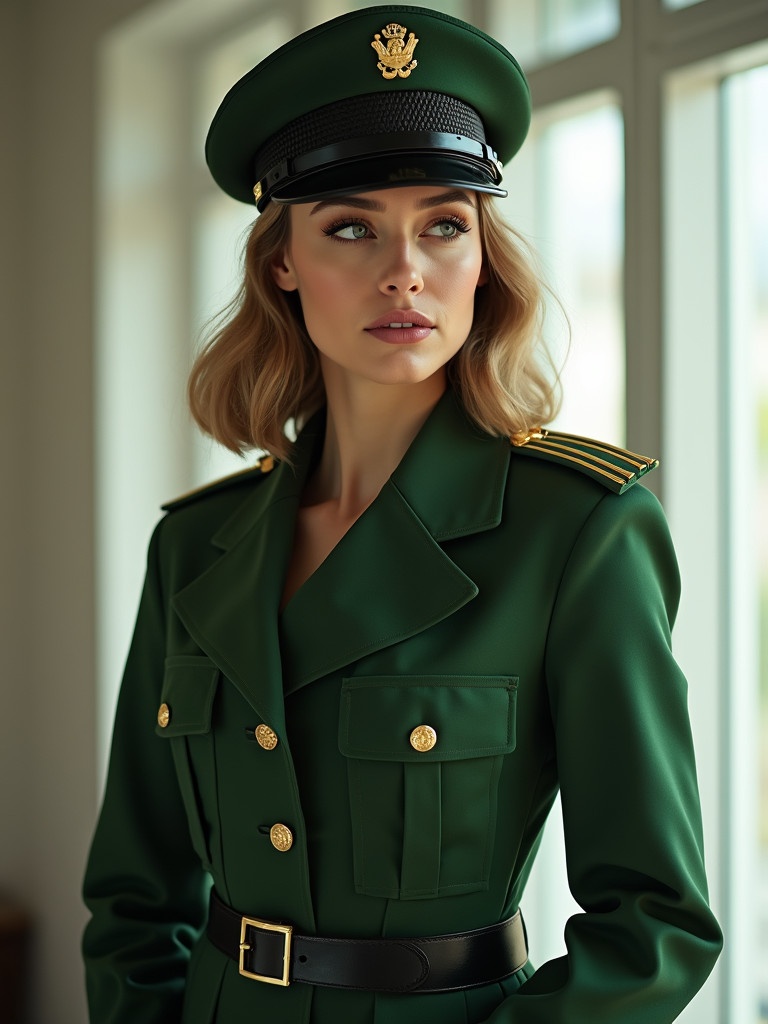 A woman wearing a green military-style uniform and cap standing indoors by a window. The atmosphere is a mix of authority and elegance. The uniform features gold buttons and is complemented by natural light. The subject exudes confidence and style.