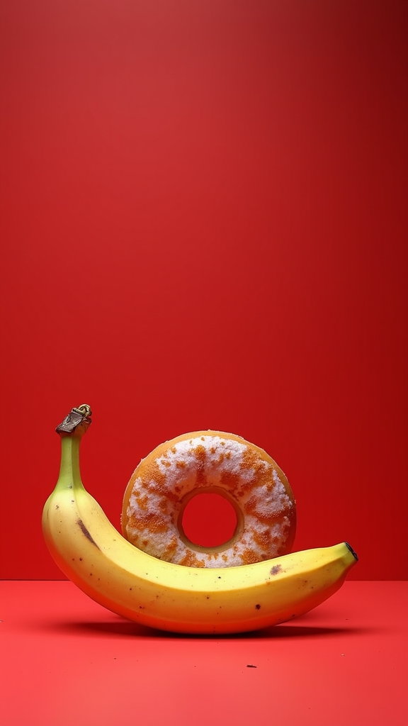 A yellow banana is perfectly curved to hold an orange and white frosted donut against a vibrant red background.