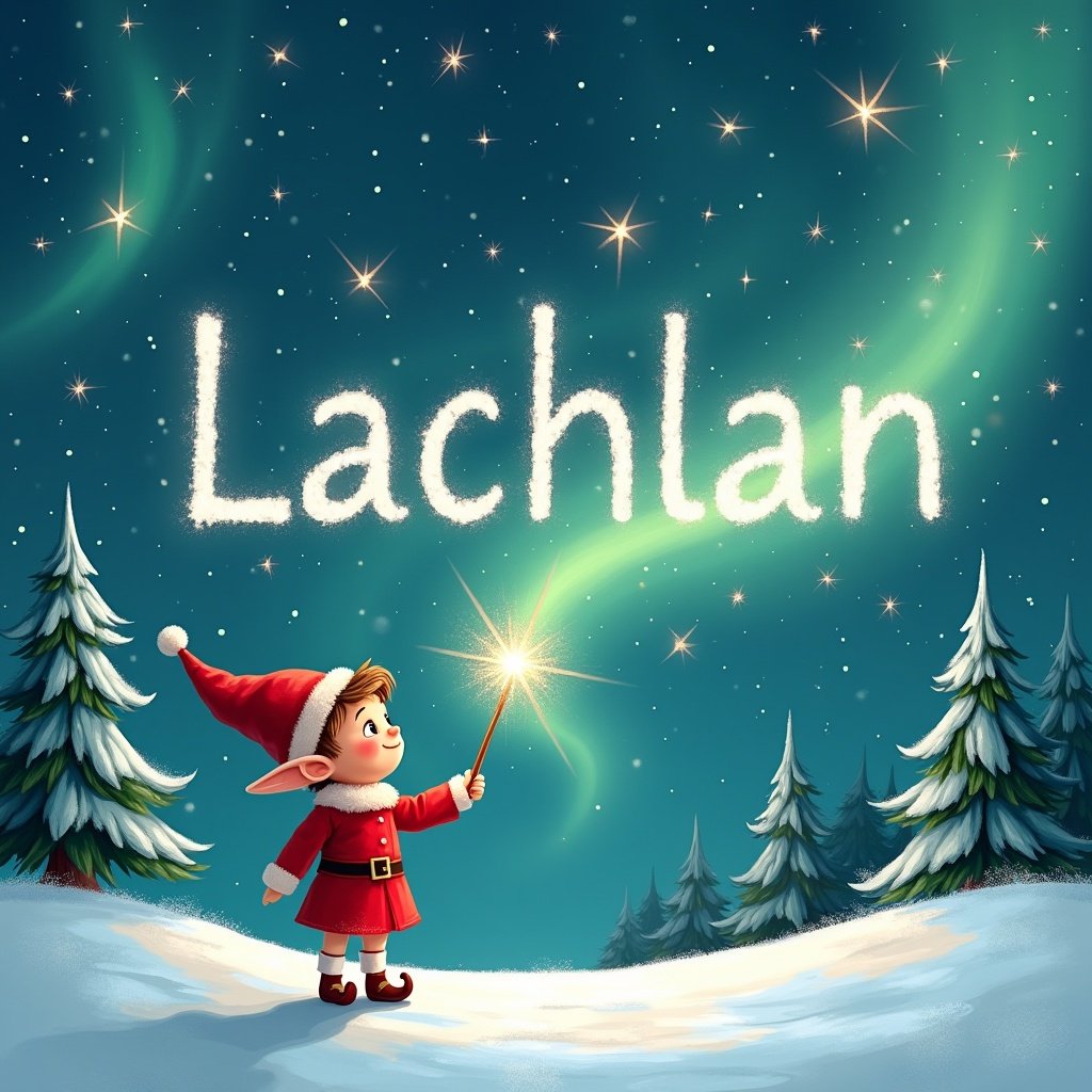 An enchanting scene featuring a joyful elf dressed in a bright red outfit with a pointed hat. The elf is holding a shimmering wand and is writing the name 'Lachlan' in the starry sky. Surrounding him is a picturesque snowy landscape dotted with evergreen trees. Above, the Northern Lights dance in the night sky, illuminating the scene with a magical glow. This illustration captures the charm and joy of the Christmas season, celebrating childhood wonder and creativity. It’s the perfect image for evoking holiday spirit and whimsy.