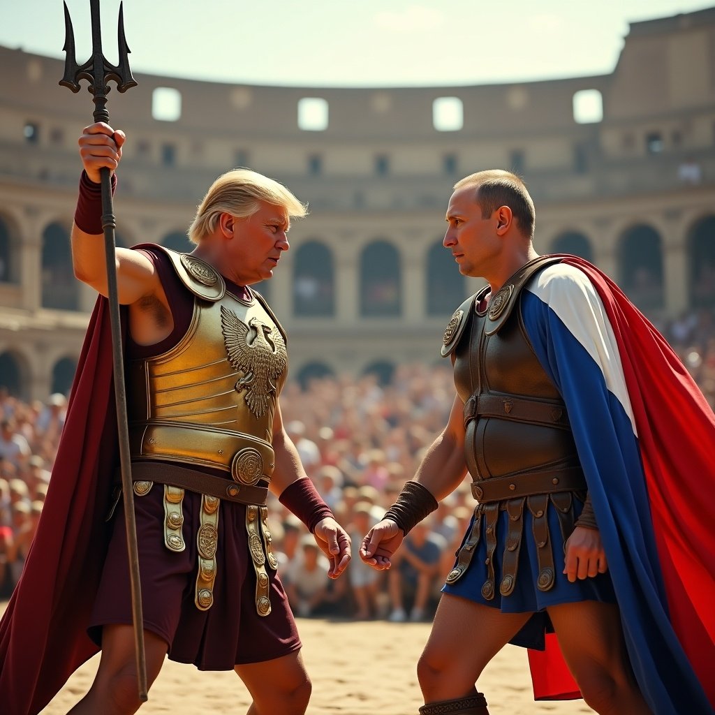 Two fighters in ancient Rome stand in the Colosseum. One wears a golden breastplate with an eagle, holding a trident. The other in dark armor with a bear insignia and a Russian flag cape. The crowd is cheering.