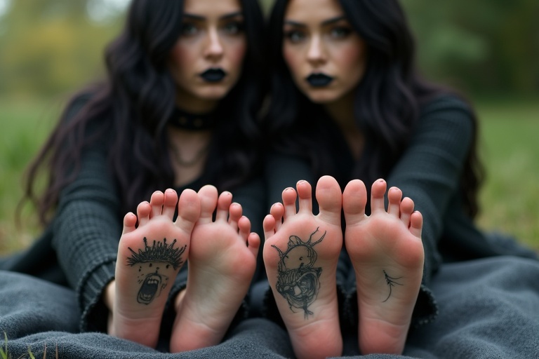 Image features two goth women with long black hair showing tattooed soles of feet. They are sitting on a blanket outdoors. Both women have black lips and bare feet with tattoos.