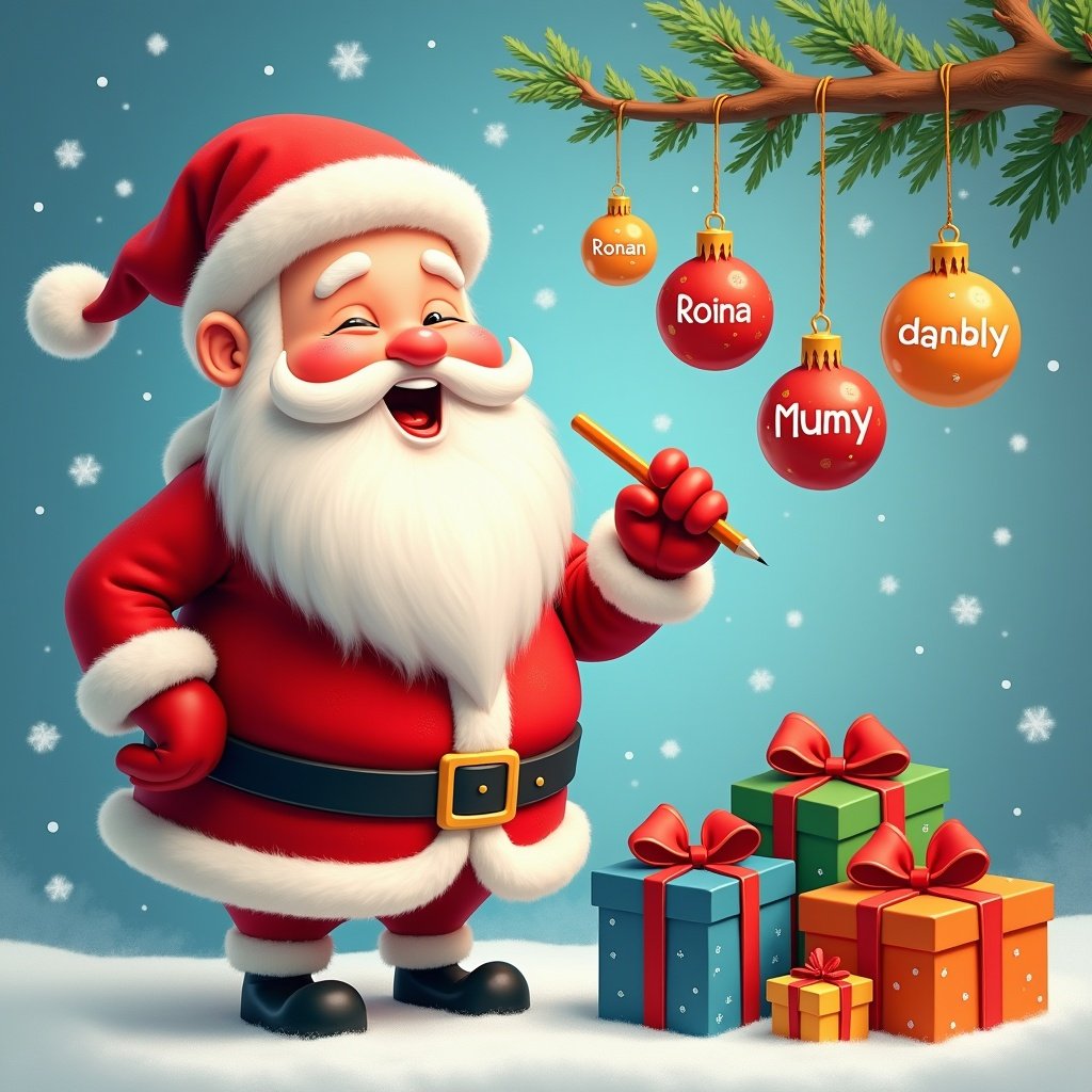 Santa Claus joyfully prepares for Christmas. He holds a pencil and admires colorful ornaments labeled with names. Presents surround him in bright colors. Soft blue background with gentle snowfall enhances the holiday magic.