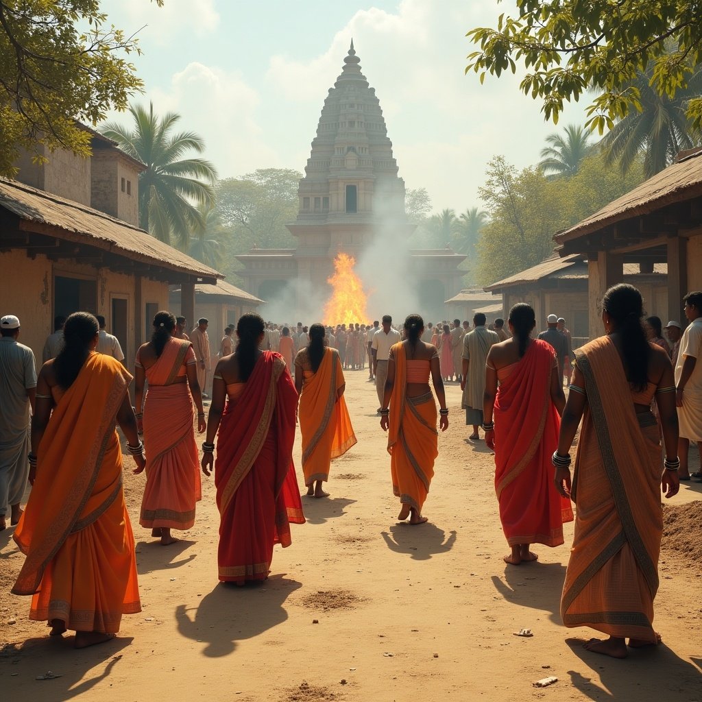 Scene depicts an ancient Indian village setting with women in traditional sarees and men in dhotis. A funeral pyre is being prepared in the background. Surroundings include temples and rural houses.