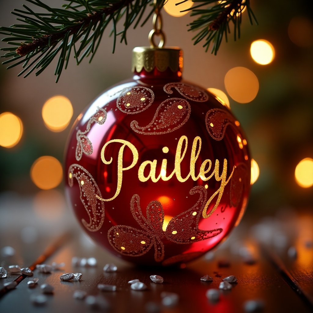 Beautiful Christmas bauble in close-up. Red ornament decorated with gold patterns. Name 'Paisley' prominently displayed. Soft, blurred festive lights in background.