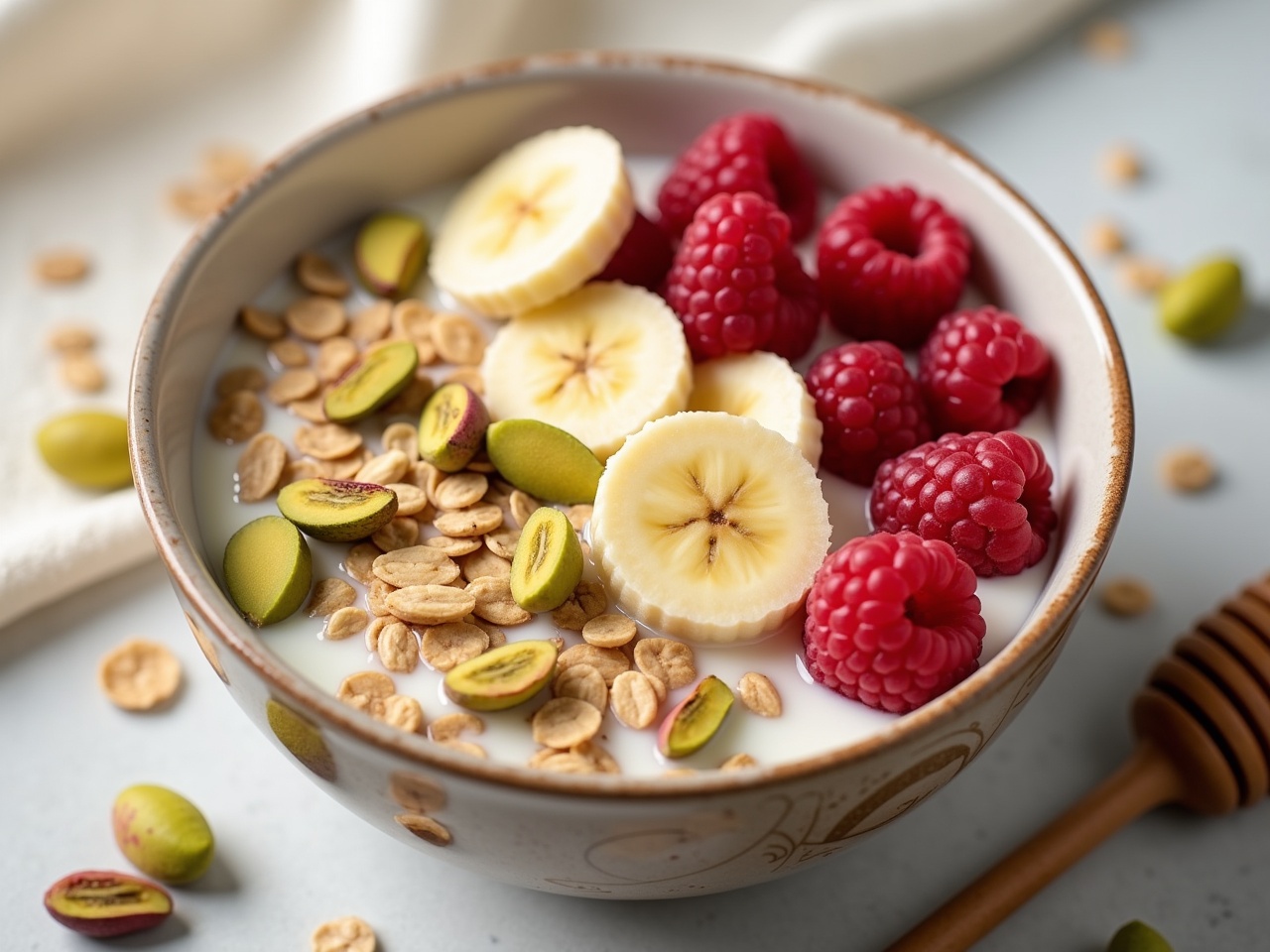 This image features a beautifully arranged bowl of oatmeal with a rich assortment of toppings. It includes slices of banana, fresh raspberries, and a sprinkle of pistachios on top. A drizzle of honey sits nearby, adding a natural sweetness to the meal. The oatmeal is served in a rustic bowl, set against a simple, clean background. A hint of texture from rolled oats can be seen scattered around the base, enhancing the overall presentation.