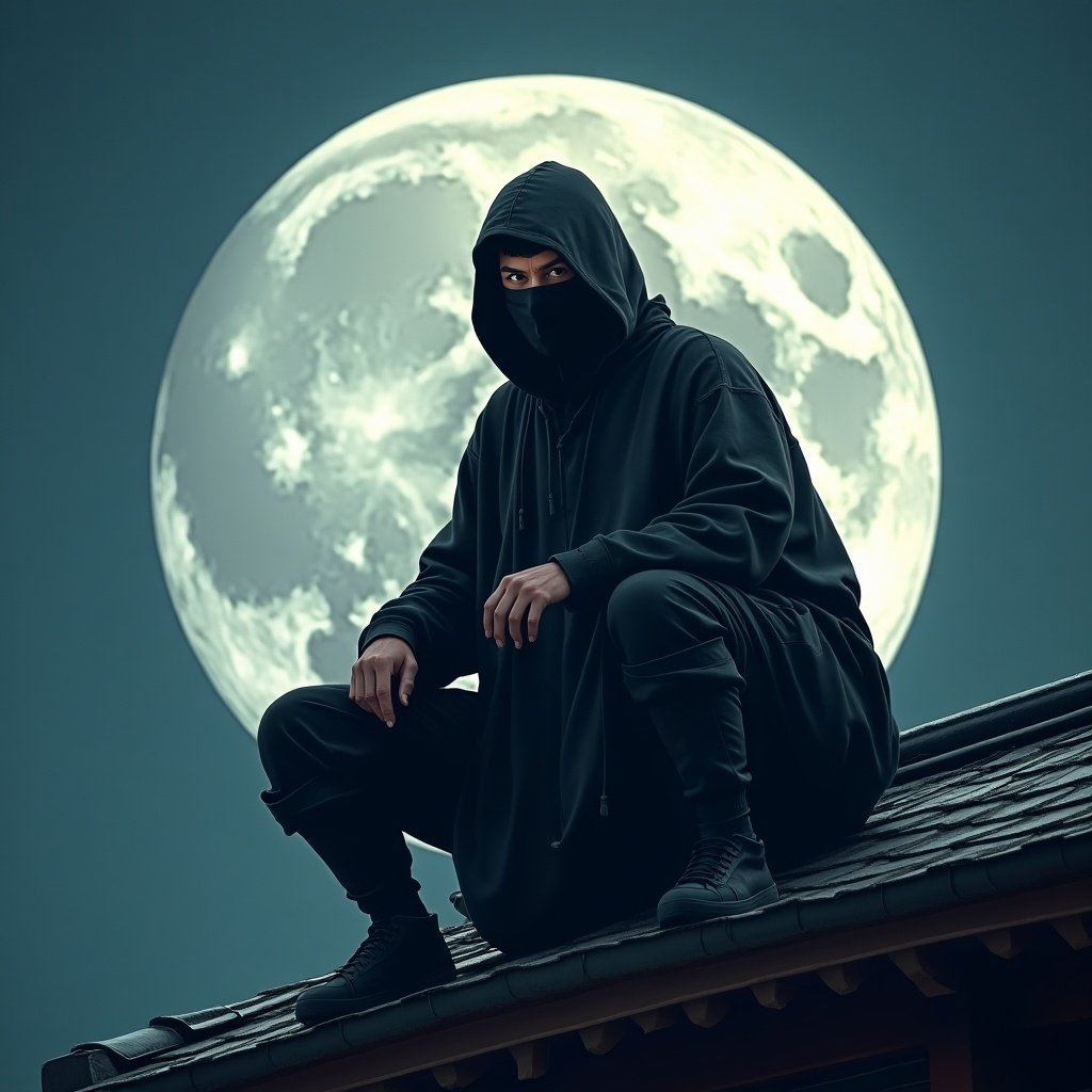 A ninja crouched on a rooftop against a large moon backdrop. The scene captures a calm, stealthy moment in a night setting.