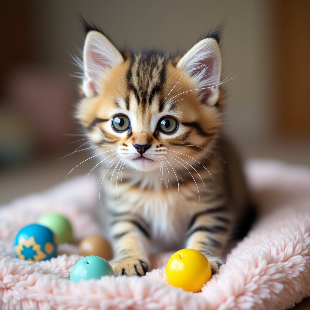 A close-up portrait of a cute tabby kitten with big eyes. The kitten is playing with colorful balls on a soft blanket. The setting is cozy and warm, with soft lighting accentuating the kitten's fur and features.