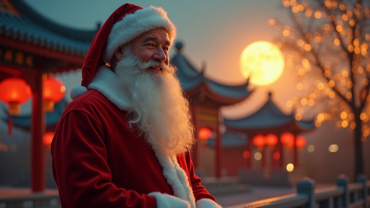 Cinematic image features Santa in front of a traditional Chinese temple. Bright moon illuminates the scene during magic hour. Hyper-realistic style. Shot on Arriflex camera.