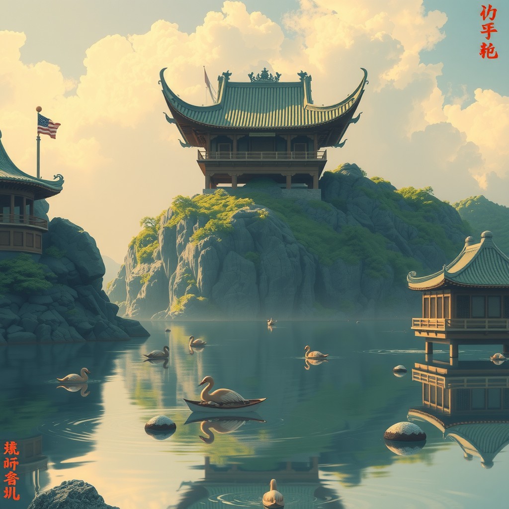 A serene scene featuring traditional Chinese-style buildings surrounded by calm waters and floating swans.