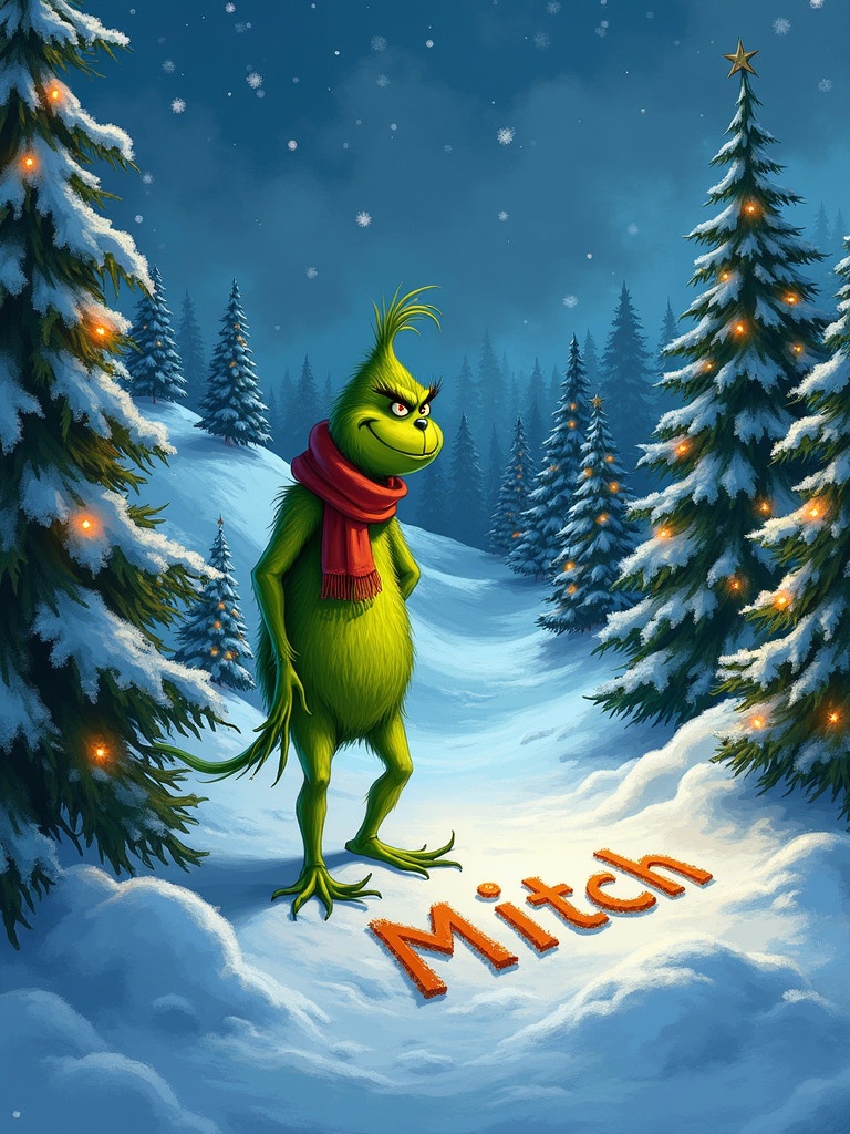 The Grinch is outside in the snow. Christmas trees with lights surround him. The Grinch is writing the name Mitch in the snow. Scene shows snow-covered hills and evergreen trees. The Grinch is green with a red scarf.