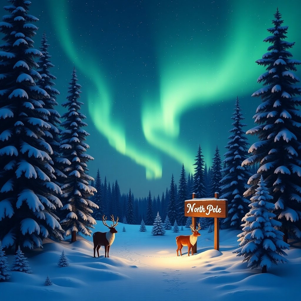 Snowy forest setting at night. Northern lights illuminate the sky. Pine trees fill the surroundings. Two reindeer are present. A sign displays 'North Pole'.