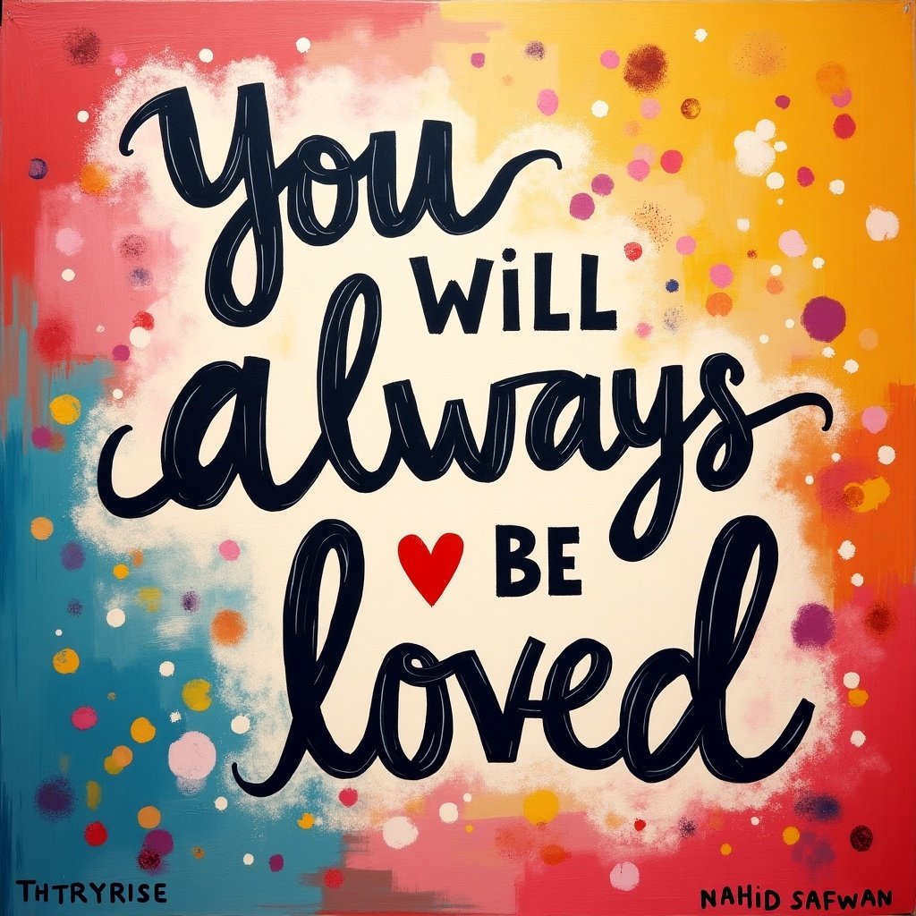 Artistic illustration features the phrase you will always be loved. The letters are bold and colorful. Background is vibrant and playful. Created by Nahid Safwan.