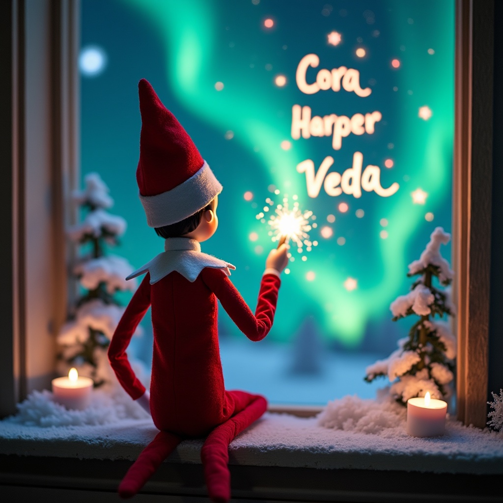 An enchanting Christmas scene featuring a playful elf on the shelf. The elf, dressed in classic red and white attire, is holding a magic wand. It is positioned in front of a window, gazing up at a colorful display of northern lights. As the elf waves its wand, it creates glowing letters in the air, spelling out 'Cora', 'Harper', and 'Veda'. Surrounding the window, small snow-covered trees and flickering candles enhance the festive atmosphere. This whimsical portrayal captures the joy and magic of the holiday season.