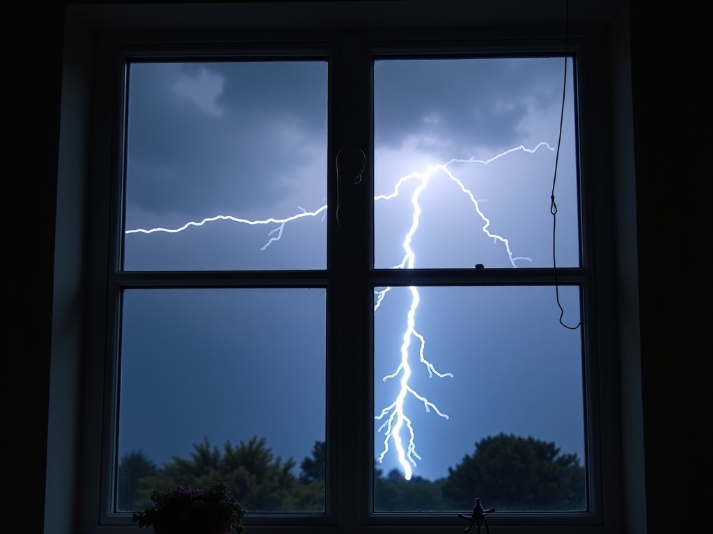 This image showcases a bright lightning bolt piercing through a stormy sky, framed perfectly by a window. The scene captures the raw power of nature, with dark clouds swirling above. The lightning creates a stark contrast, illuminating the interior space. A sense of awe and energy resonates through the image. It serves as a reminder of the impressive force of a storm.