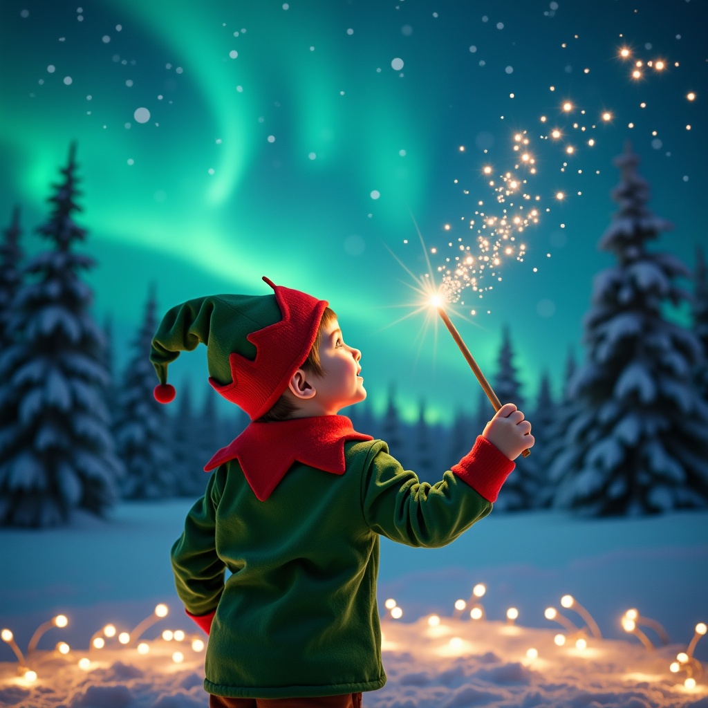 A scene captures a child in an elf costume with their back to the viewer, gazing up at the enchanting northern lights. The child is using a magical wand to draw in the air, creating a spellbinding effect. The winter landscape is alive with snow-covered trees shimmering in the background. Twinkling lights in the foreground add a warm, inviting glow. This festive moment encapsulates the joy and magic of the holiday season, evoking a sense of wonder and excitement.