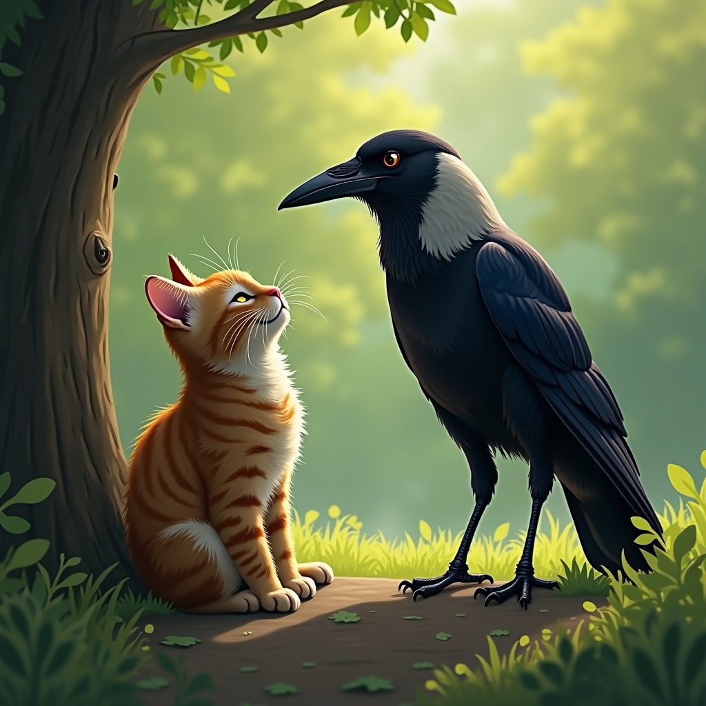 In a green forest, a lazy orange-striped cat sits on the ground, gazing up at a crow that is perched on a nearby tree. The cat seems curious and relaxed, while the crow stands tall, looking down at the cat. The sun filters through the leaves, casting a gentle light on both animals. This whimsical scene showcases the bond between different animals in nature, highlighting their unique characteristics and interactions. The surrounding greenery adds depth and tranquility to the image.