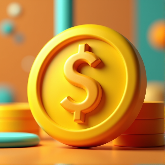 A 3D rendering of a bright yellow coin with a dollar sign, set against a colorful blurred background.