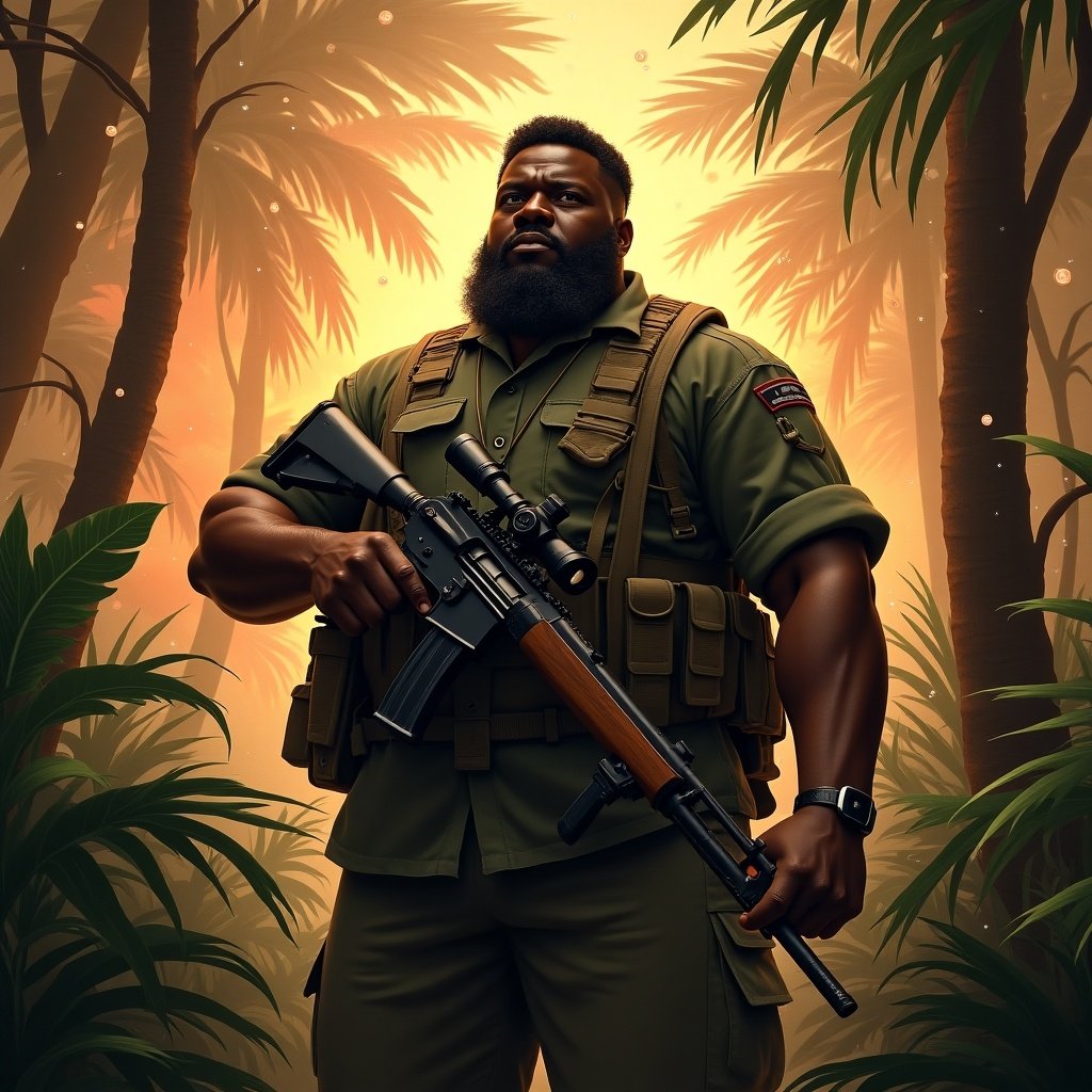 Big black man in the jungle with a rifle. Fire and bombs visible in the background.