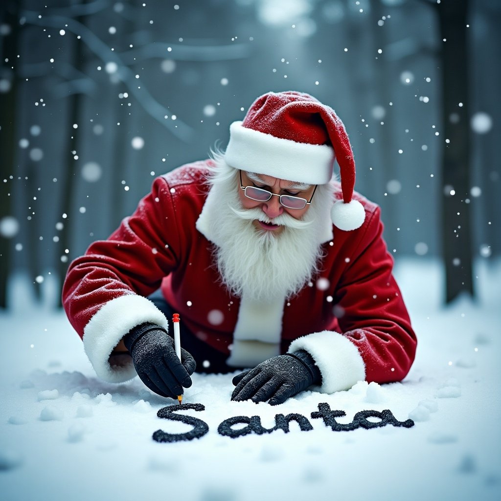 Santa Claus writing the name Santa in snow. Winter scene with trees in the background. He wears a traditional red suit and hat. The snow is blank and inviting. Overall festive atmosphere.